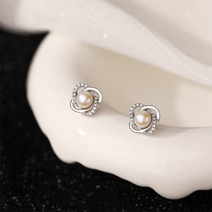 925 Sterling Silver Simple Elegant Flower Imitation Pearl Stud Earrings with Cubic Zirconia