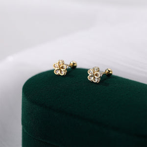 925 Sterling Silver Plated Gold Simple Cute Flower Stud Earrings with Cubic Zirconia