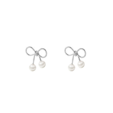925 Sterling Silver Simple Sweet Ribbon Imitation Pearl Stud Earrings