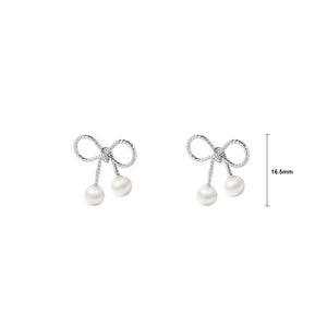 925 Sterling Silver Simple Sweet Ribbon Imitation Pearl Stud Earrings