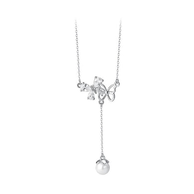 925 Sterling Silver Fashion Temperament Double Butterfly Tassel Imitation Pearl Pendant with Cubic Zirconia and Necklace