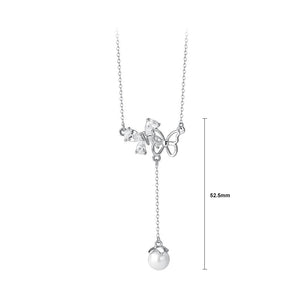 925 Sterling Silver Fashion Temperament Double Butterfly Tassel Imitation Pearl Pendant with Cubic Zirconia and Necklace