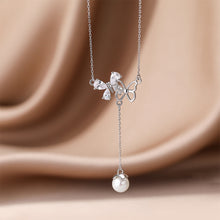 Load image into Gallery viewer, 925 Sterling Silver Fashion Temperament Double Butterfly Tassel Imitation Pearl Pendant with Cubic Zirconia and Necklace