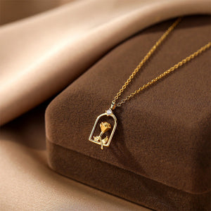 925 Sterling Silver Plated Gold Simple Temperament Rose Pendant with Cubic Zirconia and Necklace