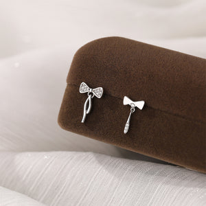 925 Sterling Silver Simple Sweet Ribbon Asymmetric Stud Earrings with Cubic Zirconia