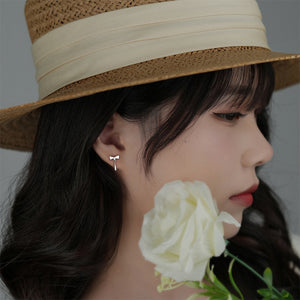 925 Sterling Silver Simple Sweet Ribbon Asymmetric Stud Earrings with Cubic Zirconia