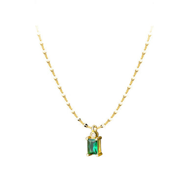 925 Sterling Silver Plated Gold Simple and Fashion Geometric Square Pendant with Green Cubic Zirconia and Necklace