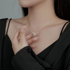 925 Sterling Silver Plated Gold Simple and Fashion Geometric Square Pendant with Green Cubic Zirconia and Necklace