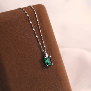 925 Sterling Silver Simple and Fashion Geometric Square Pendant with Green Cubic Zirconia and Necklace