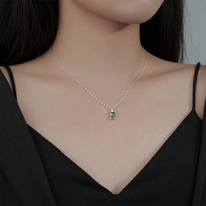 925 Sterling Silver Simple and Fashion Geometric Square Pendant with Green Cubic Zirconia and Necklace