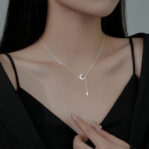925 Sterling Silver Fashion Simple Moon Tassel Star Pendant with Necklace