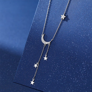 925 Sterling Silver Simple Bright Moon Tassel Star Pendant with Cubic Zirconia and Necklace
