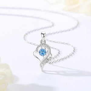925 Sterling Silver Fashion and Elegant MOM Heart Water Drop Pendant with Blue Cubic Zirconia and Necklace
