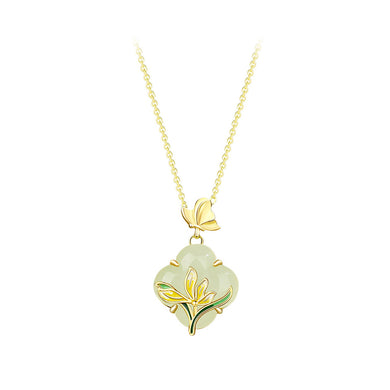 925 Sterling Silver Plated Gold Fashion Vintage Magnolia Butterfly Pendant with Necklace