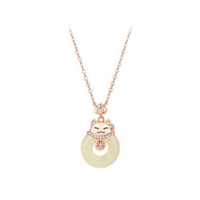 925 Sterling Silver Plated Rose Gold Simple Vintage Cat Safety Buckle Pendant with Cubic Zirconia and Necklace