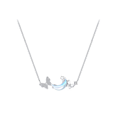 925 Sterling Silver Fashion Creative Moon Butterfly Moonstone Pendant with Cubic Zirconia and Necklace