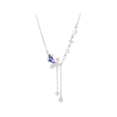 925 Sterling Silver Fashion and Elegant Enamel Butterfly Tassel Pendant with Cubic Zirconia and Necklace
