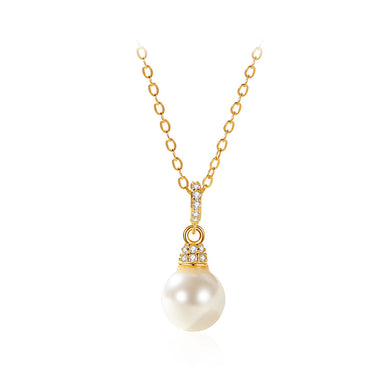 925 Sterling Silver Plated Gold Simple and Elegant Geometric Imitation Pearl Pendant with Cubic Zirconia and Necklace
