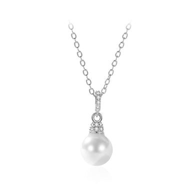 925 Sterling Silver Simple and Elegant Geometric Imitation Pearl Pendant with Cubic Zirconia and Necklace