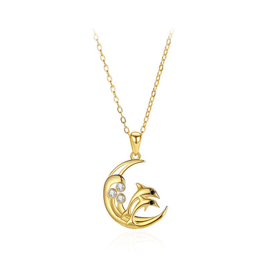 925 Sterling Silver Plated Gold Fashion and Creative Dolphin Moon Pendant with Cubic Zirconia and Necklace