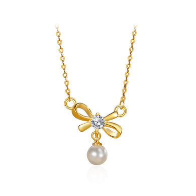 925 Sterling Silver Plated Gold Simple Sweet Ribbon Imitation Pearl Pendant with Cubic Zirconia and Necklace