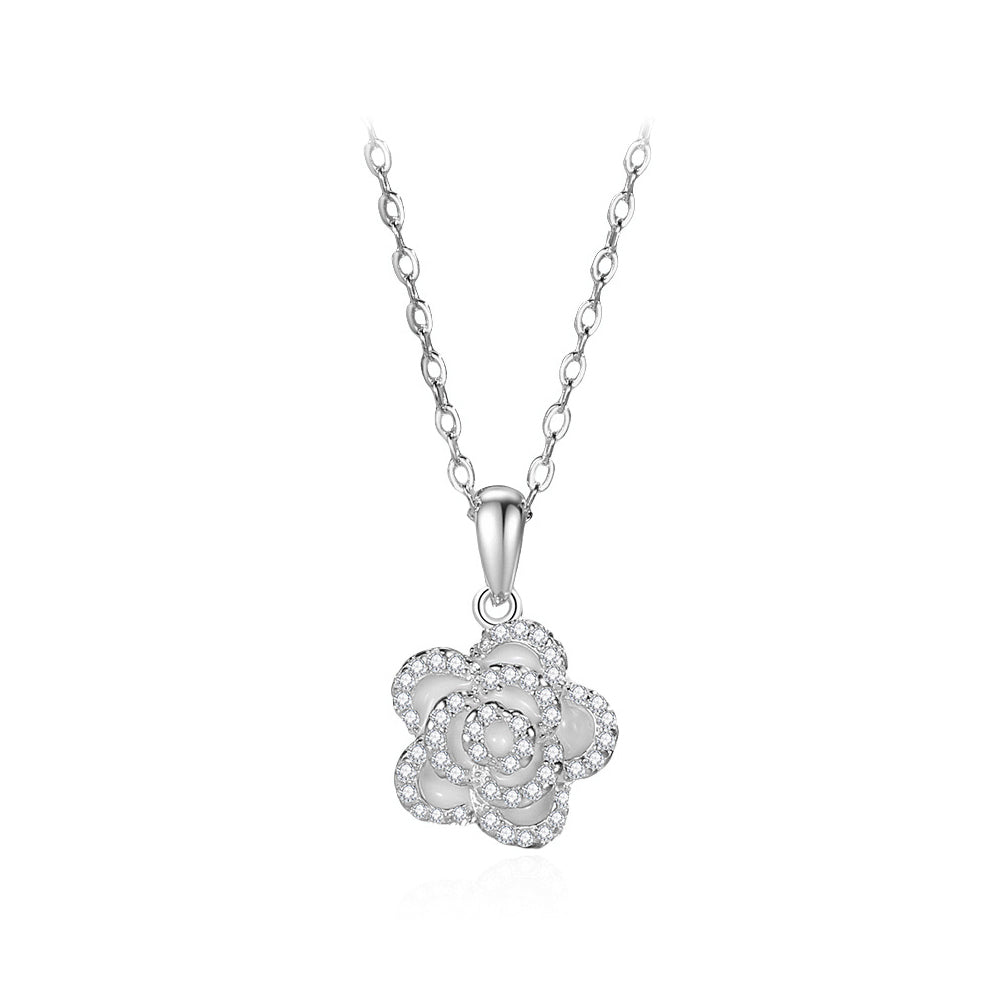 925 Sterling Silver Fashion and Elegant Flower Pendant with Cubic Zirconia and Necklace