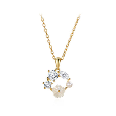 925 Sterling Silver Plated Gold Temperament Fashion Flower Imitation Pearl Pendant with Cubic Zirconia and Necklace