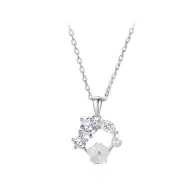 925 Sterling Silver Temperament Fashion Flower Imitation Pearl Pendant with Cubic Zirconia and Necklace