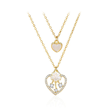 925 Sterling Silver Plated Gold Fashion and Creative Flower Heart-shaped Pendant with Cubic Zirconia and Necklace