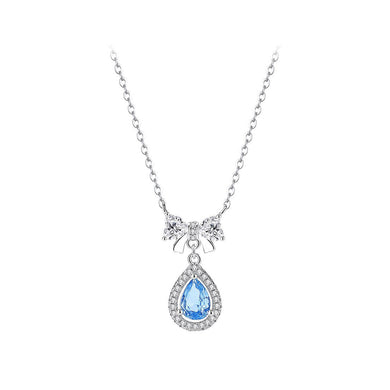 925 Sterling Silver Fashion Dazzling Ribbon Water Drop-shaped Pendant with Blue Cubic Zirconia and Necklace