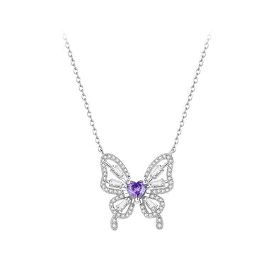925 Sterling Silver Fashion Brilliant Hollow Butterfly Pendant with Purple Cubic Zirconia and Necklace