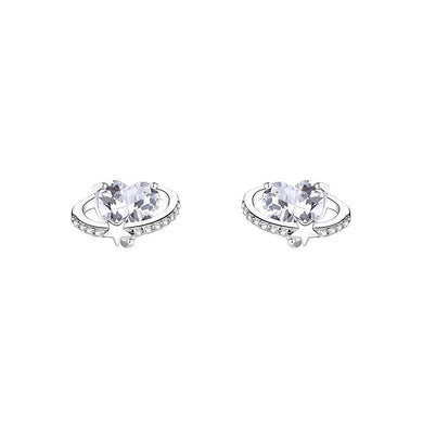 925 Sterling Silver Simple Creative Heart-shaped Planet Stud Earrings with Cubic Zirconia