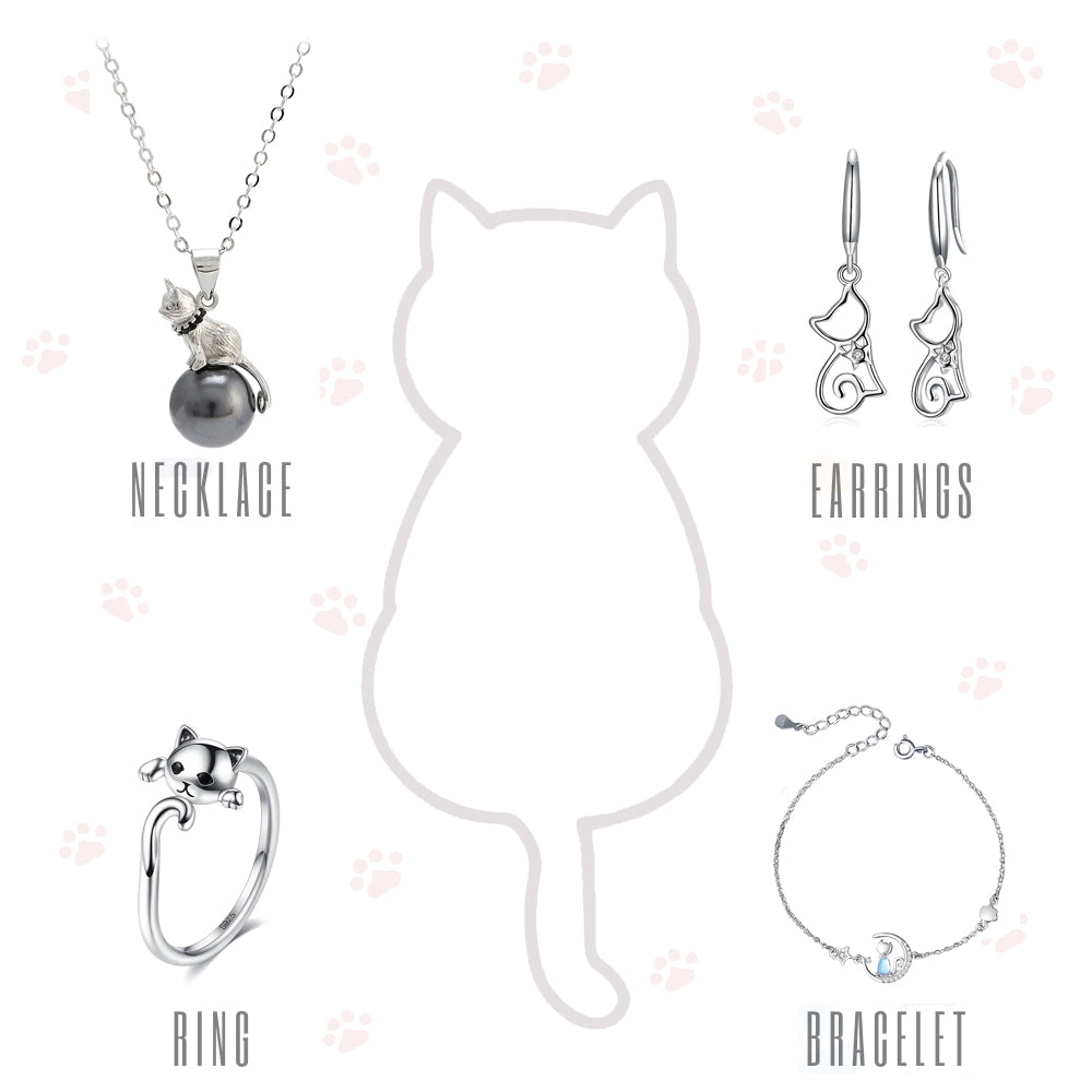 [Special for Cat Lovers❤️] 925 Sterling Silver with Cute Cat Necklace, Bracelet, Ring & Earrings