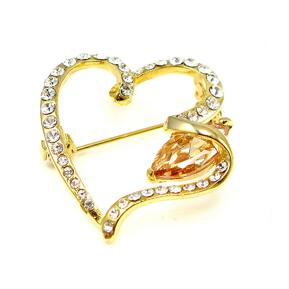 Elegant Heart Brooch with Yellow Austrian Element Crystal