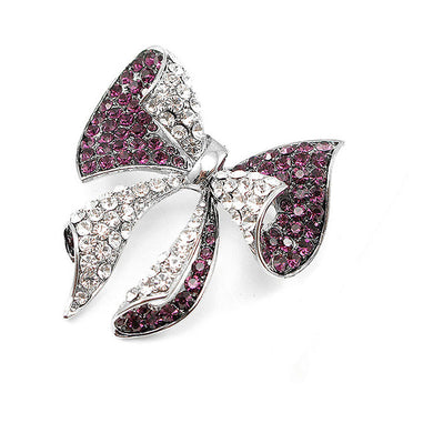 Elegant Ribbon Brooch with Purple and Silver Austrian Element Crystal