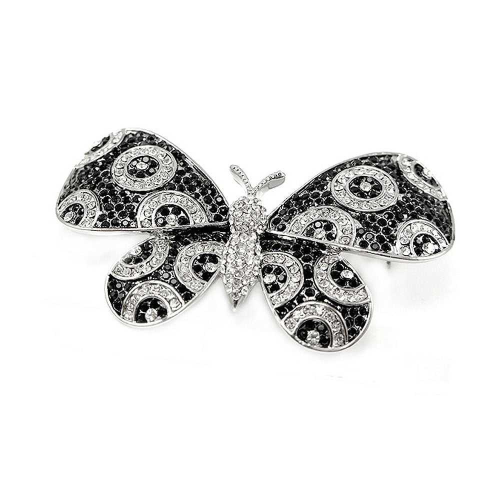 Elegant Butterfly Brooch with Black and Silver Austrian Element Crystal