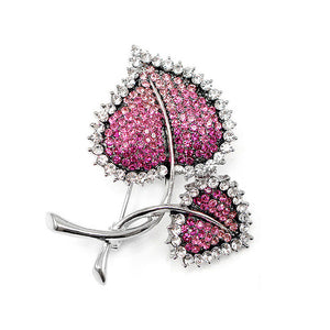 Elegant Leaf Brooch with Pink Austrian Element Crystal