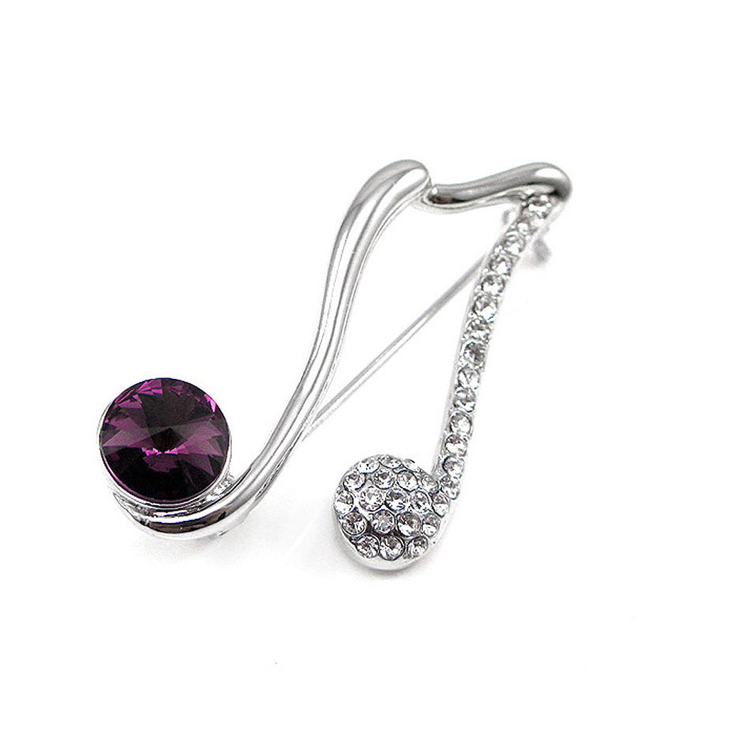 Elegant Musical Sign Brooch with Silver and Purple Austrian Element Crystal