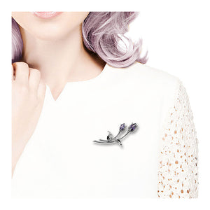 Elegant Flower Brooch with Silver and Purple Austrian Element Crystals