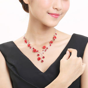Elegant Rose Necklace with Red Austrian Element Crystals and Crystal Glass