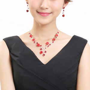 Elegant Rose Necklace with Red Austrian Element Crystals and Crystal Glass