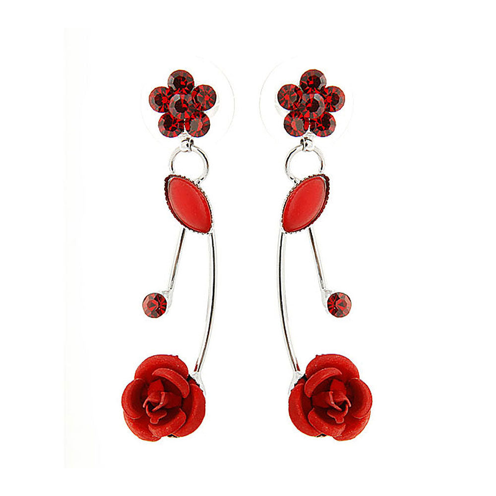 Elegant Red Rose Earrings with Red Austrian Element Crystals and Crystal Glass