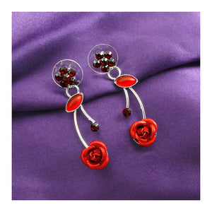Elegant Red Rose Earrings with Red Austrian Element Crystals and Crystal Glass
