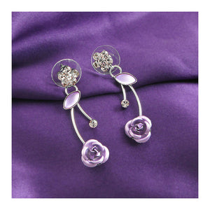Elegant Purple Rose Earrings with Purple Austrian Element Crystals and Crystal Glass