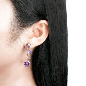 Elegant Purple Rose Earrings with Purple Austrian Element Crystals and Crystal Glass