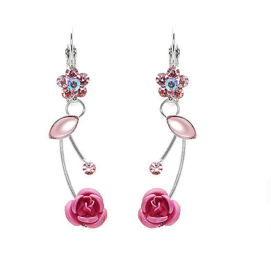 Elegant Pink Rose Earrings with Pink Austrian Element Crystals and Crystal Glass