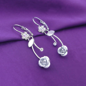 Elegant Silver Rose Earrings with Silver Austrian Element Crystals and Crystal Glass