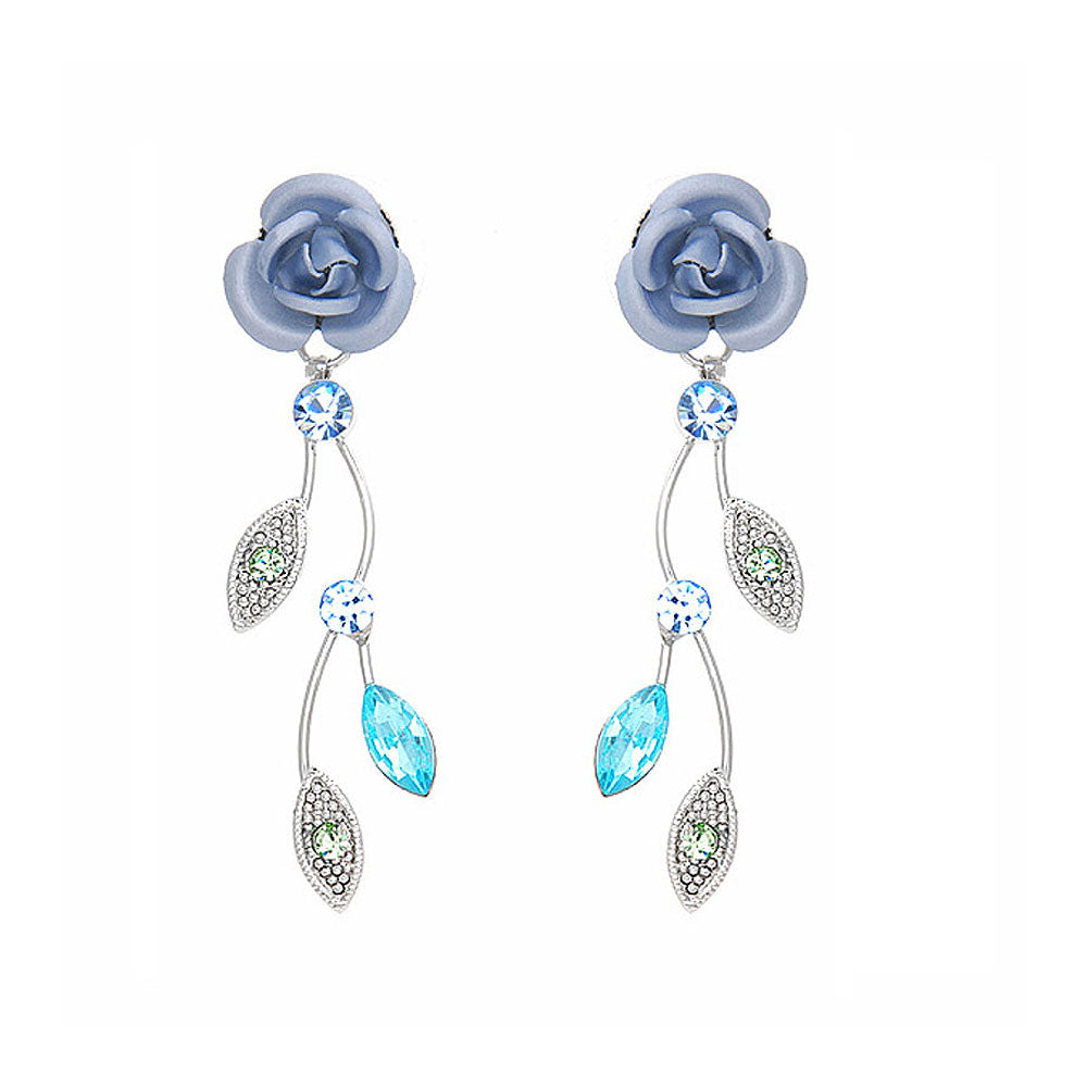 Blue Rose Earrings with Blue Austrian Crystals and Crystal Glass