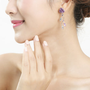 Violet Rose Earrings with Violet Austrian Crystals and Crystal Glass