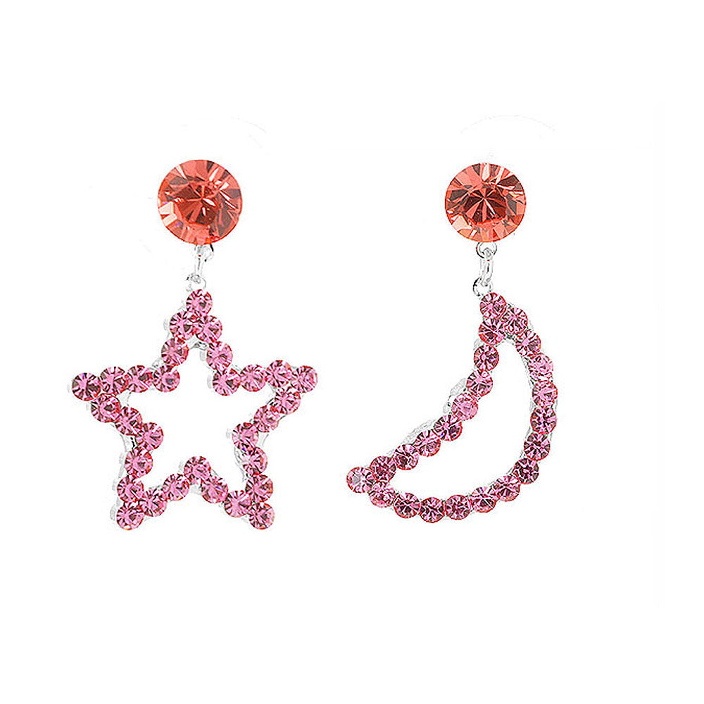 Star & Moon Earrings with Pink Austrian Element Crystals and CZ bead